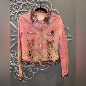 Women’s Antica Sartoria beaded distressed boutique Jean jacket pink